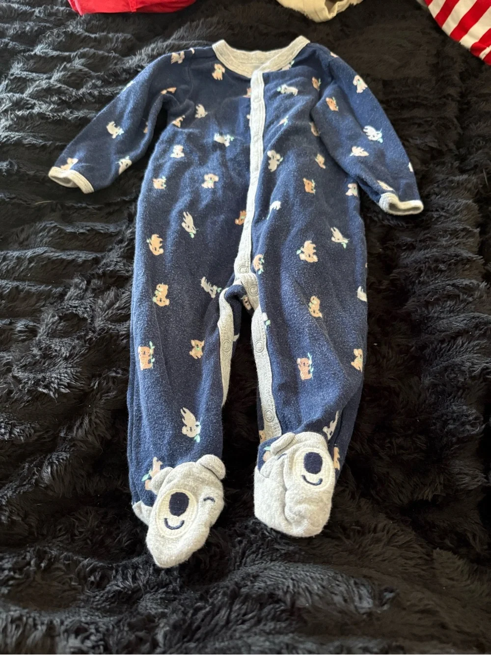 Footie sleepers in White, Light Gray, and Navy